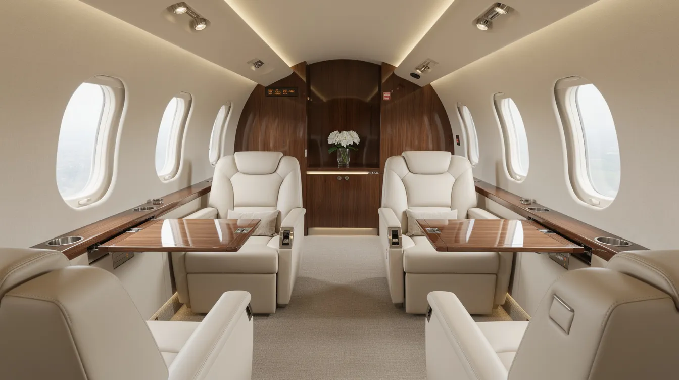 The interior cabin of a midsize private jet features plush cream leather seats and elegant wood trim, creating a luxurious atmosphere for passengers. This aircraft is designed for comfort and safety, providing an ideal space for exploring breathtaking views during scenic flights.