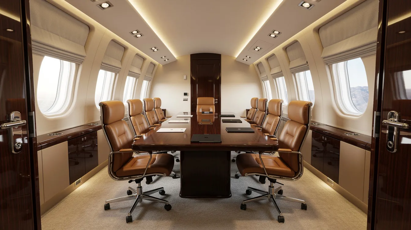 The image depicts a luxurious business jet conference room, featuring leather chairs arranged around a spacious wooden table, designed for corporate meetings. This setup emphasizes the comfort and efficiency expected in private jets, showcasing an environment conducive to high-level discussions and decision-making.