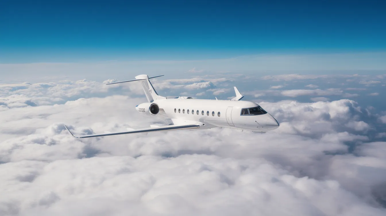 A private jet soars above fluffy white clouds against a bright blue sky, symbolizing the luxury and freedom of private aviation. This image captures the essence of the private jet charter industry, showcasing the elegance and efficiency of private jet brokers in providing personalized travel experiences.