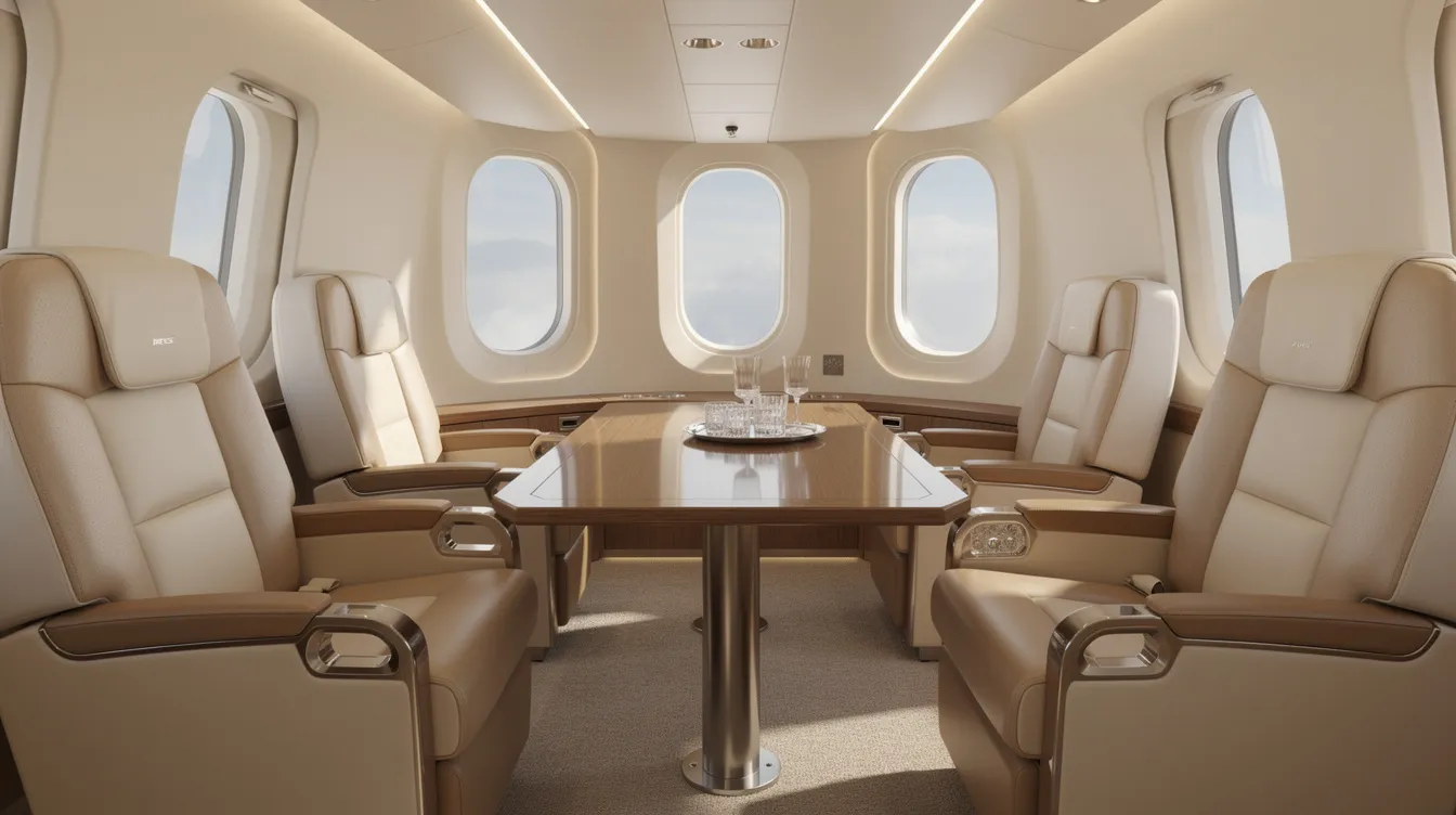 The image depicts the interior of a luxury private jet cabin, featuring plush leather seats and elegant finishes, showcasing the high-end comfort associated with private aviation. This opulent setting reflects the personalized service and quality that private jet brokers strive to provide in the private jet charter industry.