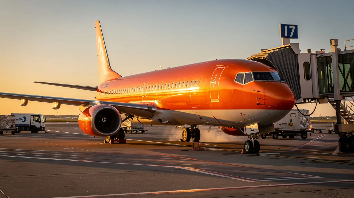 A Boeing 737 aircraft is parked at an airport gate during the golden hour, with warm sunlight illuminating the scene. Passengers can be seen preparing for their next flight, while the Southwest Airlines logo is visible on the tail of the plane, symbolizing a seamless travel experience for those using the Southwest app for booking and flight status updates.