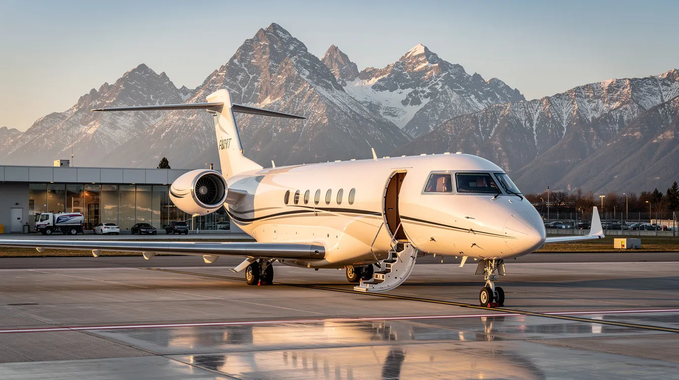 A sleek private jet is parked at a small executive airport, with majestic mountains in the background, offering a serene setting for travelers. This image evokes the luxury of private air travel, ideal for customers seeking a seamless travel experience with options like rapid rewards points and easy hotel booking for their next trip.