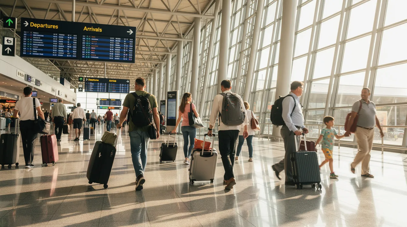 The image depicts a bustling airport terminal filled with travelers navigating through the crowd while pulling rolling luggage. Passengers are likely checking their flight status and boarding information on the Southwest app as they prepare for their journey.