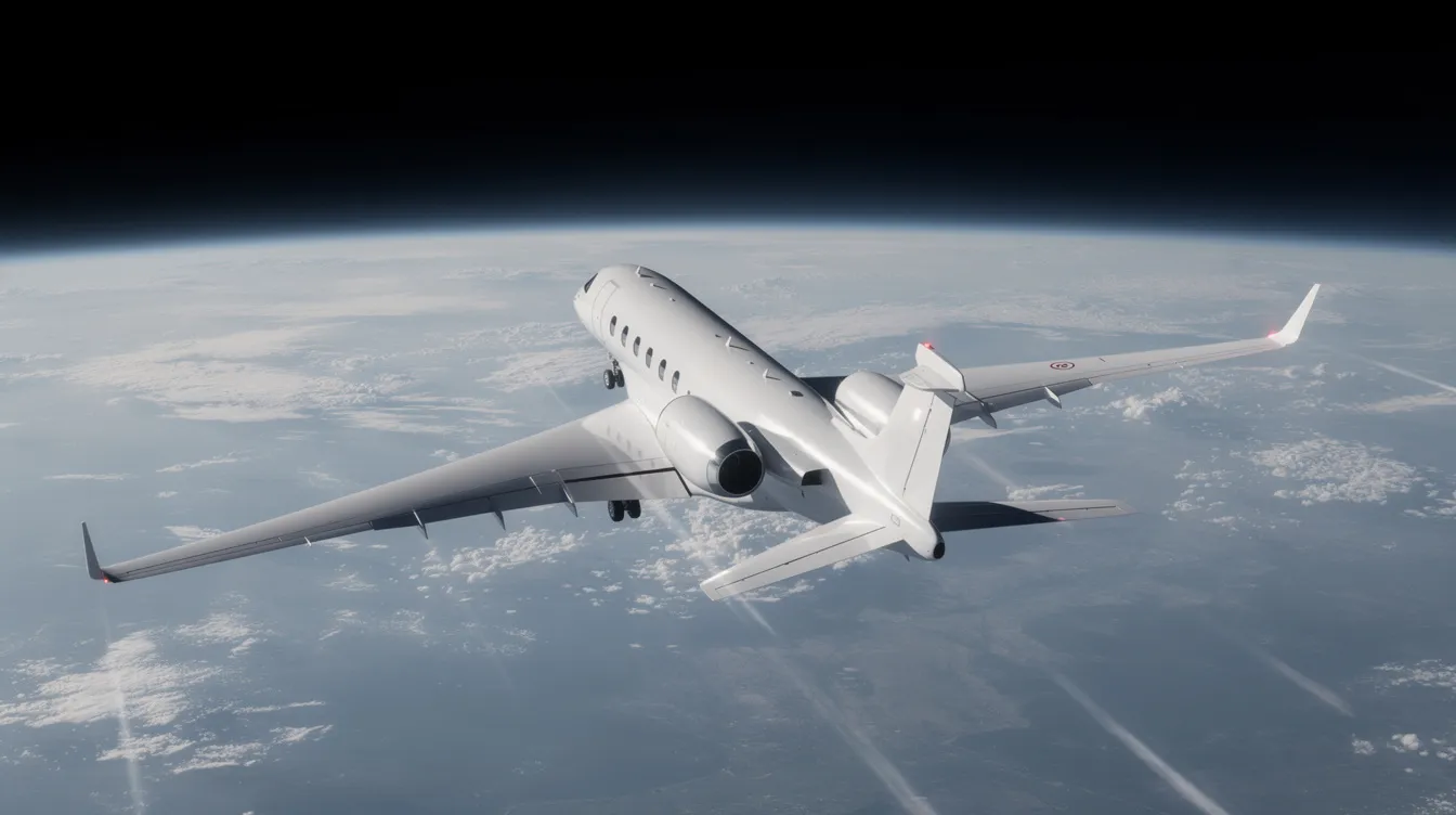 A sleek white private jet is soaring at high altitude, with the curved horizon of the Earth visible in the background, showcasing the impressive cruising altitude typical for private jets. This image highlights the aircraft's performance as it flies above the thinner air found at such extreme altitudes.