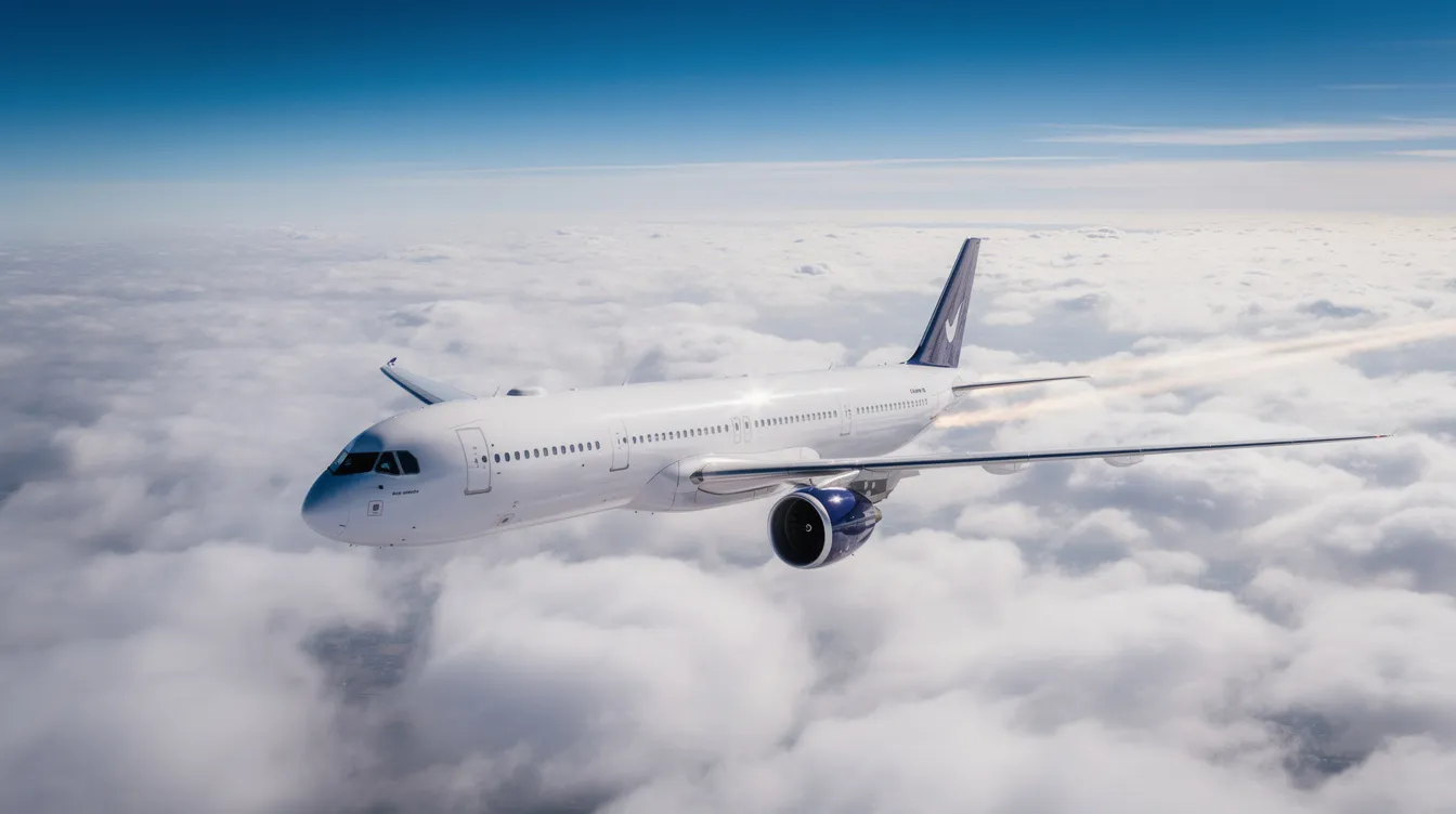A commercial airliner is cruising at a high altitude above thick white clouds, set against a clear blue sky. This image captures the serene beauty of flight, as commercial planes typically operate between 30,000 and 40,000 feet, showcasing the vastness of the atmosphere.