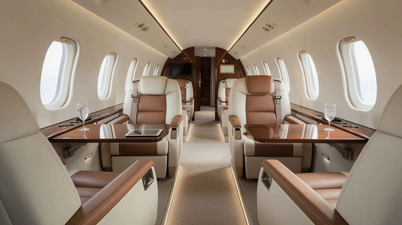 The image depicts the luxurious interior of a midsize private jet cabin, featuring plush leather seating designed for comfort and elegance. This private aircraft offers travelers an exclusive travel experience, perfect for reaching destinations like Jackson Hole and the breathtaking landscapes of Grand Teton National Park.