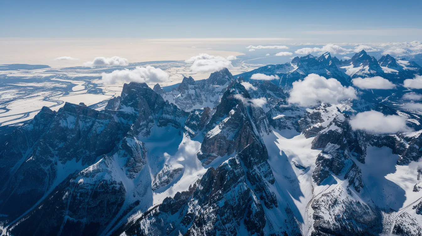 An aerial view captures the snow-covered peaks of the Teton Range, showcasing the breathtaking landscapes of Grand Teton National Park. This stunning scene highlights the majestic mountains, inviting outdoor enthusiasts and travelers to explore the natural beauty of Jackson Hole, Wyoming.