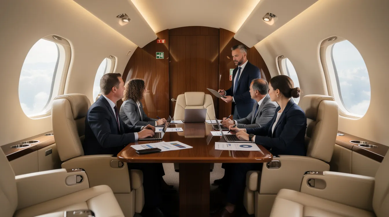 A group of business professionals is engaged in a meeting inside the luxurious cabin of a private jet, showcasing the benefits of private aviation for confidential discussions and efficient business travel. The setting emphasizes the unmatched comfort and privacy that private jet travel offers, allowing for productive conversations away from crowded airports and commercial flights.