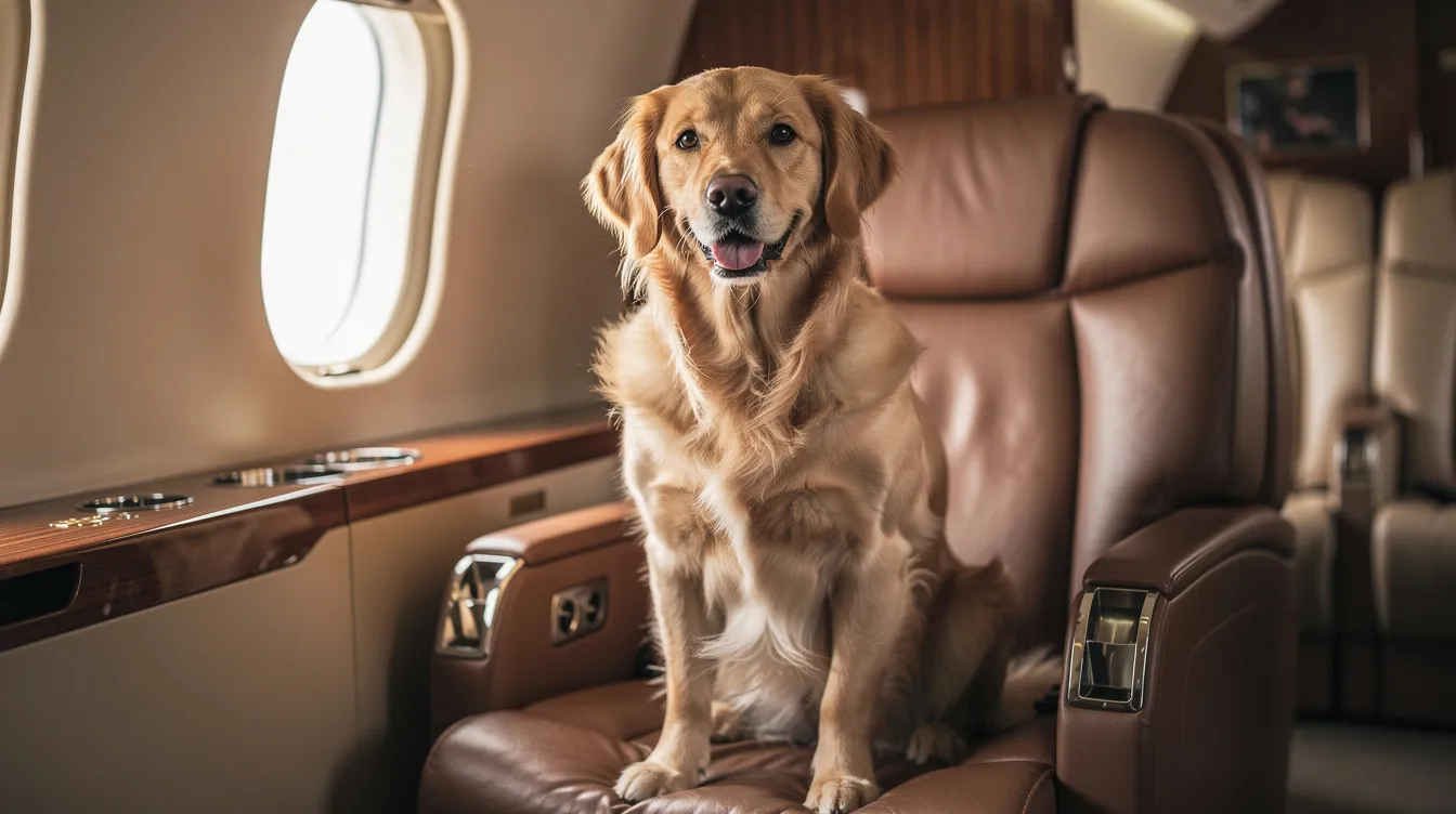 A golden retriever sits calmly on a luxurious leather seat inside a private aircraft, embodying the comfort and relaxed atmosphere of private jet travel. This scene highlights the benefits of flying privately, where even your pets can join you on a stress-free journey.