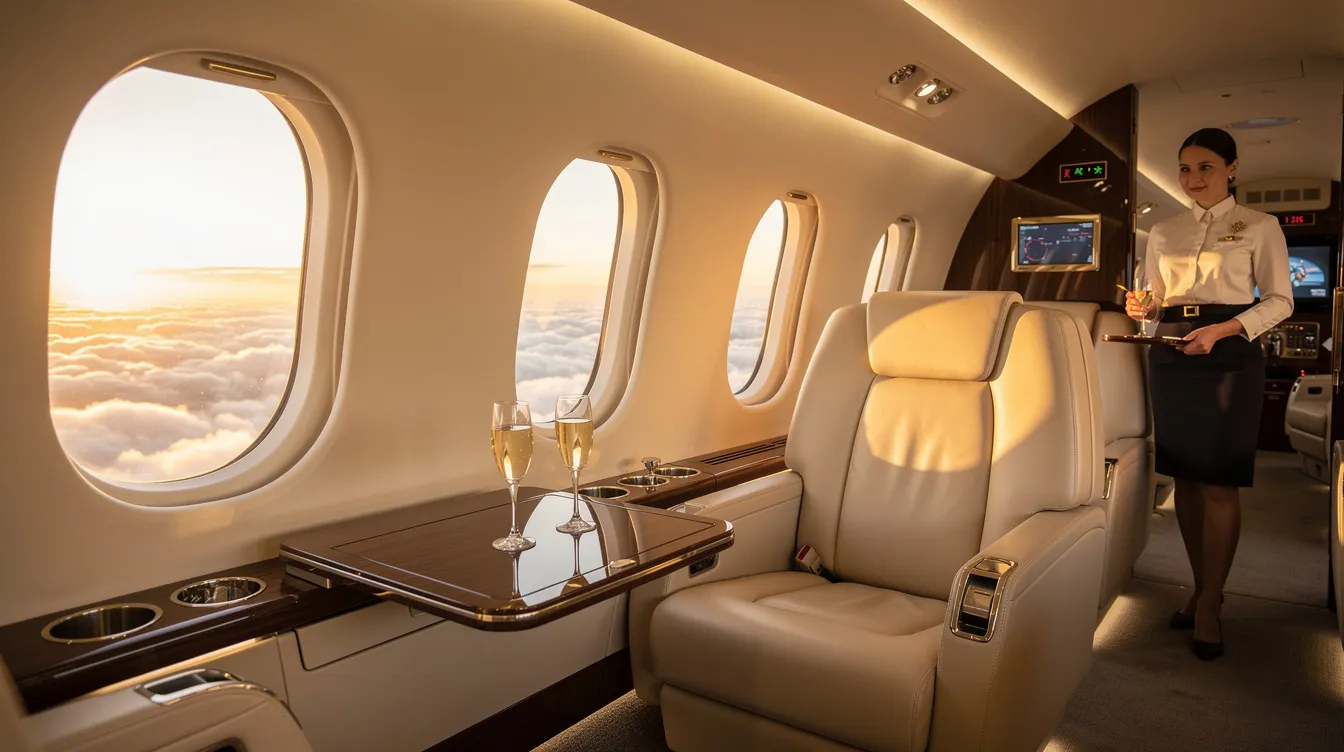 The image depicts a luxurious private jet parked at a smaller airport, showcasing the benefits of private jet travel, such as enhanced privacy and the ability to land closer to final destinations. Inside, the spacious cabin is designed for comfort, allowing business associates to hold confidential meetings or spend quality time during their flight.