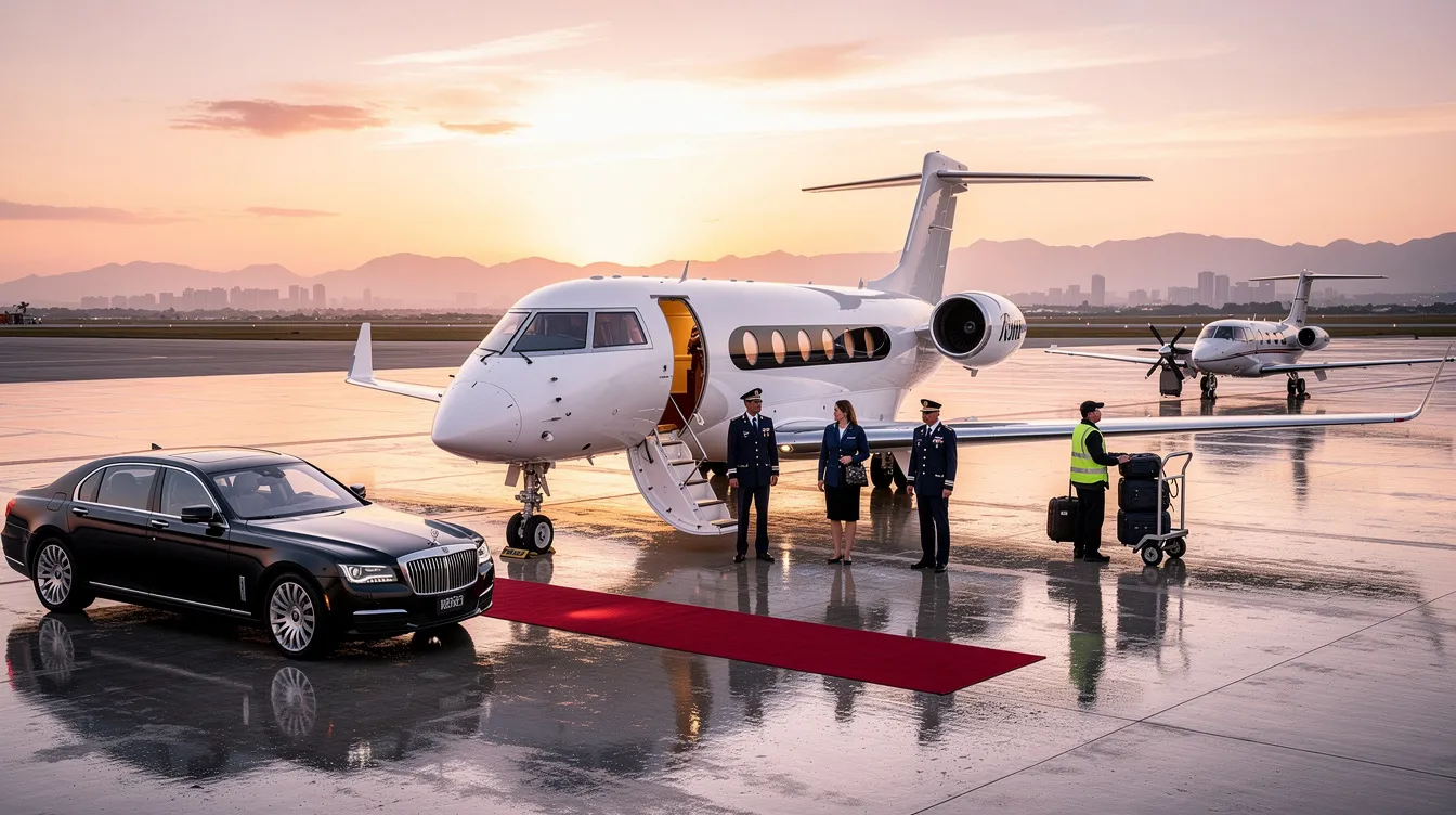 The image depicts a sleek private jet parked at a luxurious airport, with a clear blue sky and sunlight illuminating the scene. This setting represents the world of private aviation, where travelers can easily manage their flight status and itinerary for routes such as Orlando to JFK or Los Angeles, ensuring a seamless travel experience.