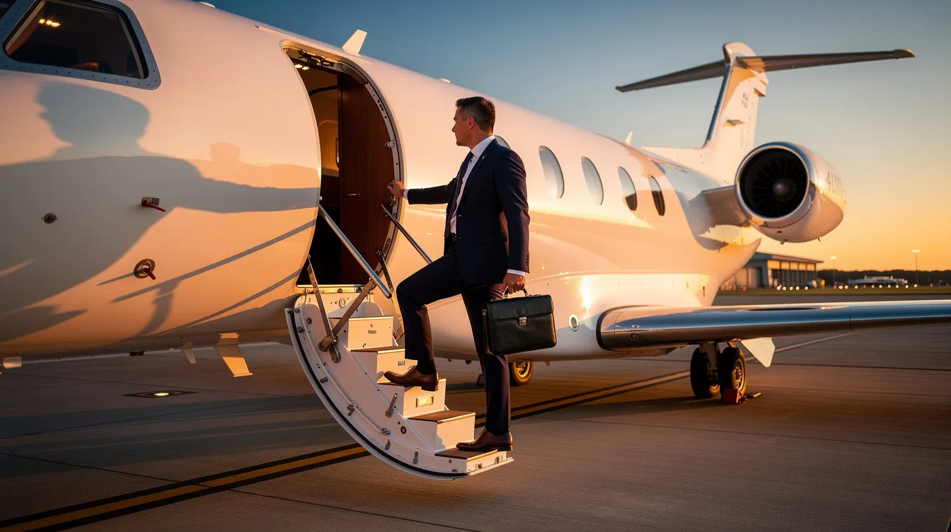 A business executive is seen boarding a small private jet, ready for a flight to their next destination. The scene captures the essence of luxury travel, highlighting the convenience and exclusivity often associated with private aviation.