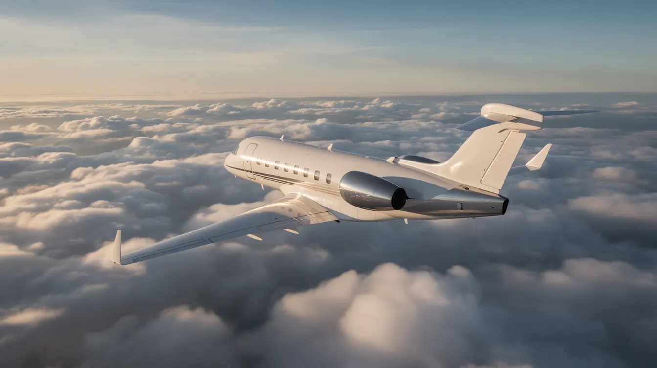 A business jet, specifically a Cessna Citation VI, is soaring above a blanket of fluffy clouds, showcasing its impressive flight capabilities. This midsized jet is designed for optimal speed and comfort, delivering smooth performance and excellent control for its passengers.
