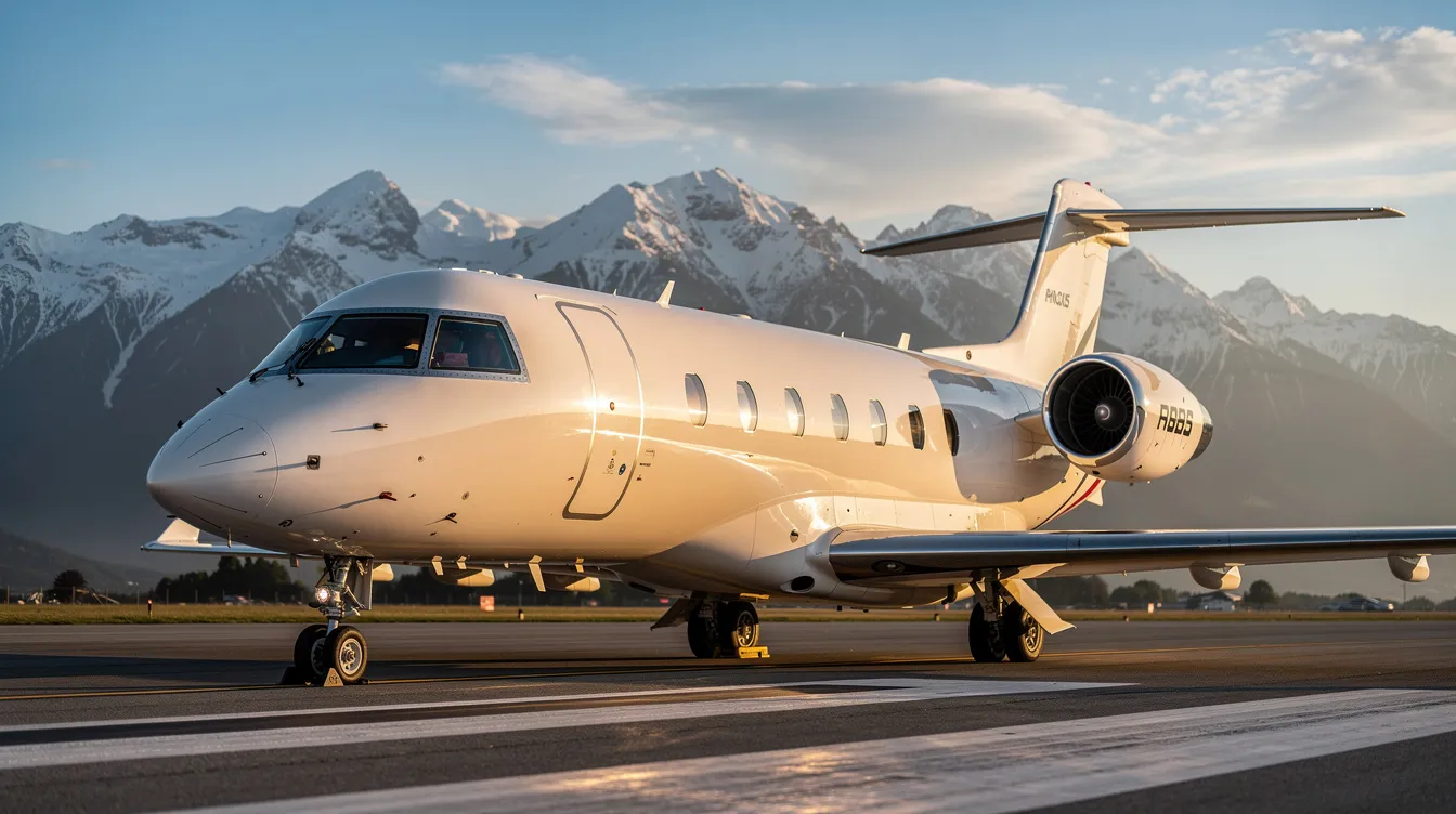 A sleek Cessna Citation VI private jet sits on a runway, with majestic mountains rising in the background. This midsized business jet is known for its smooth performance, excellent control, and comfortable travel accommodations for passengers.