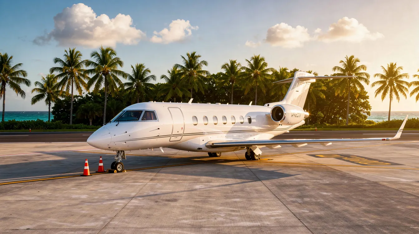 A sleek private jet is parked on the tarmac of a tropical airport in Puerto Rico, with vibrant palm trees swaying in the background, embodying the essence of luxury aviation in the Caribbean. This scene reflects the commitment of MN Aviation to provide exceptional aircraft management services for passengers and cargo in the region.