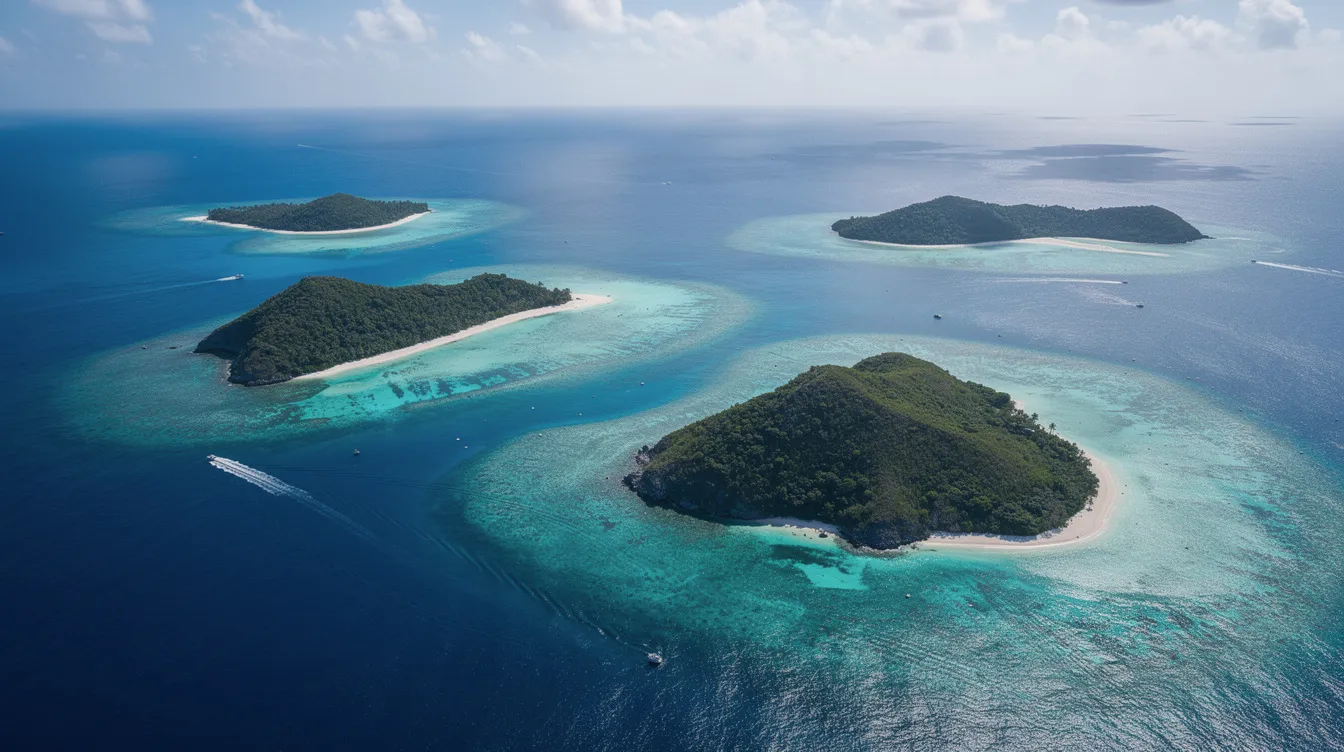 An aerial view captures multiple Caribbean islands, lush and green, surrounded by vibrant blue ocean waters. This stunning landscape showcases the beauty of the region, including islands near Puerto Rico, emphasizing the commitment of aviation services like MN Aviation in providing exceptional experiences for travelers and cargo alike.