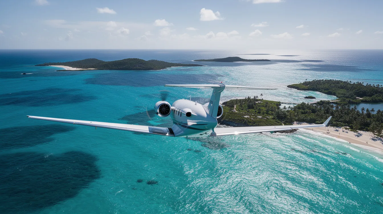 A light jet aircraft is soaring over the stunning turquoise waters of the Caribbean, with lush islands visible below, showcasing the beauty of Puerto Rico. This image highlights the commitment of MN Aviation to providing exceptional aircraft management services in the region.