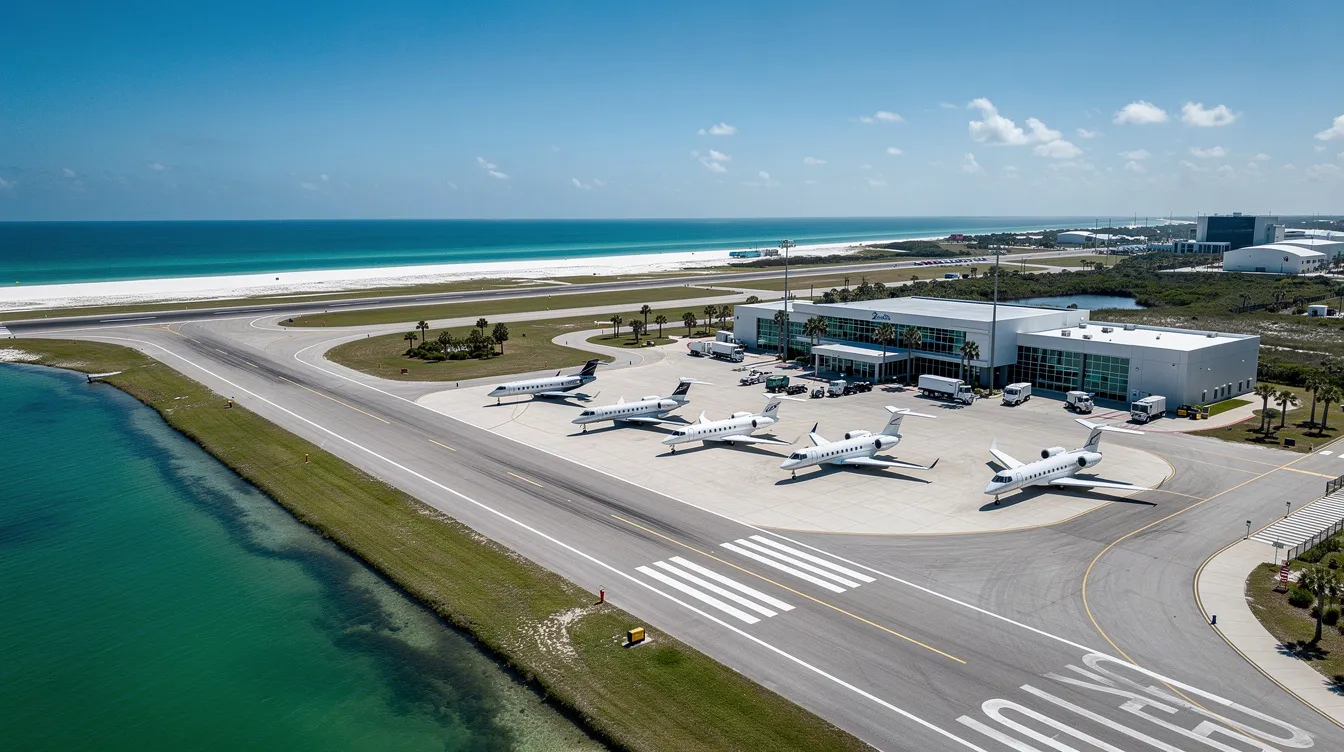 The image shows Destin Executive Airport (DTS) located in Okaloosa County, Florida, surrounded by beautiful beaches and the scenic Emerald Coast. The airport features general aviation services, aircraft parking, and amenities for travelers, including rental cars and nearby restaurants.