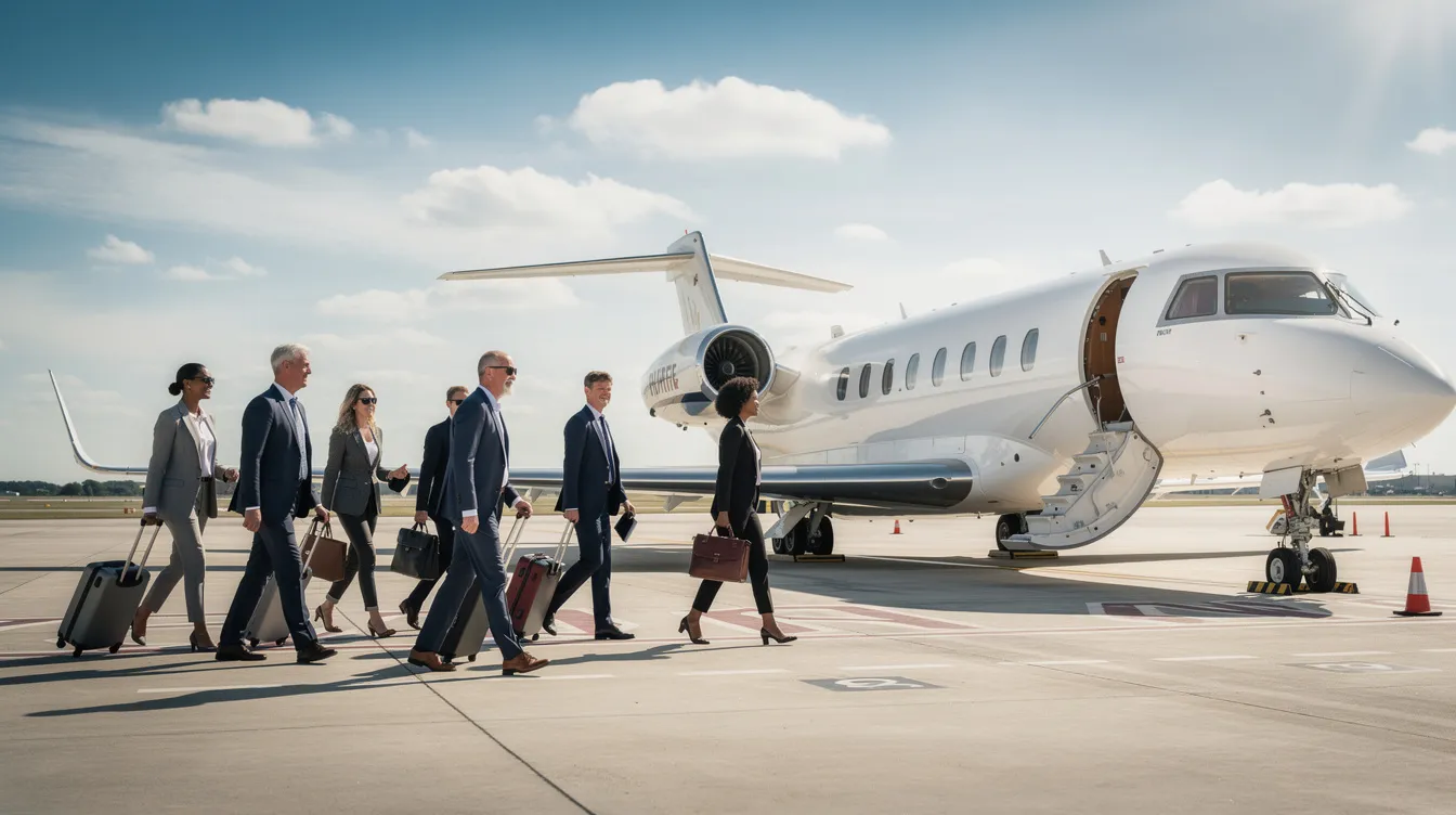 A group of business travelers is walking toward a sleek midsize private jet under a clear blue sky, ready to embark on their trip. They appear focused and organized, likely carrying boarding passes and travel itineraries as they prepare for a luxurious travel experience.