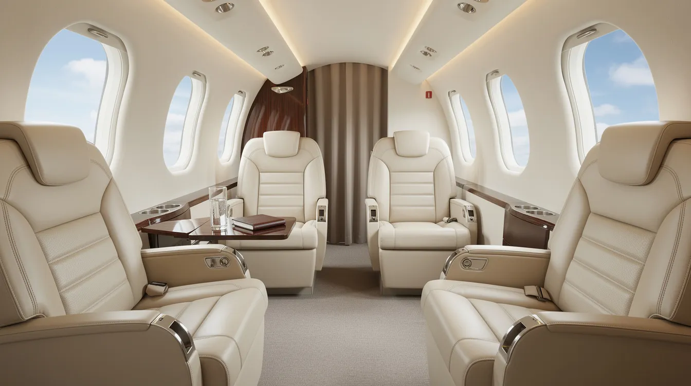 The image depicts the interior of a luxurious light jet cabin, featuring plush leather seats and expansive windows that offer a view of the skies. This private jet is designed for comfort and style, making it ideal for private flights and charter flights to popular destinations in the Philippines, such as the beautiful beaches and cultural attractions.