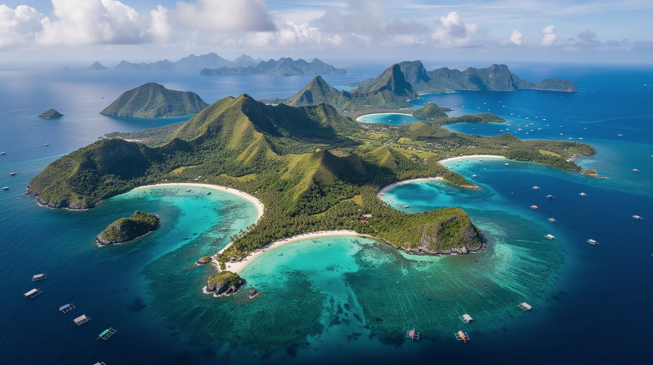 An aerial view showcases the stunning Philippine islands, featuring vibrant turquoise waters contrasting with lush green mountains. This picturesque landscape highlights the natural beauty of the region, inviting travelers to explore its pristine beaches and rich cultural attractions.