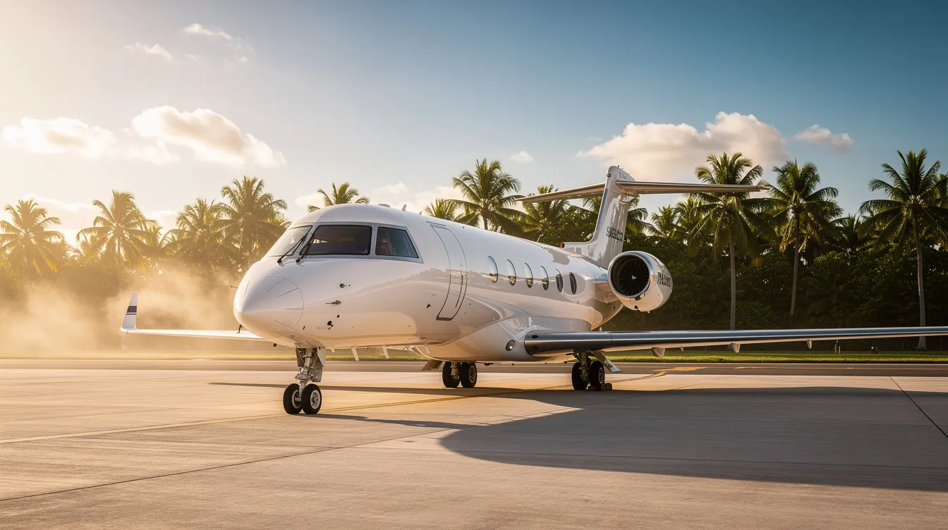 A private jet is parked on a tropical airport tarmac, surrounded by lush palm trees, highlighting the natural beauty of the Philippines. This scene captures the essence of luxury travel, offering convenient access to popular destinations like Davao City and El Nido.