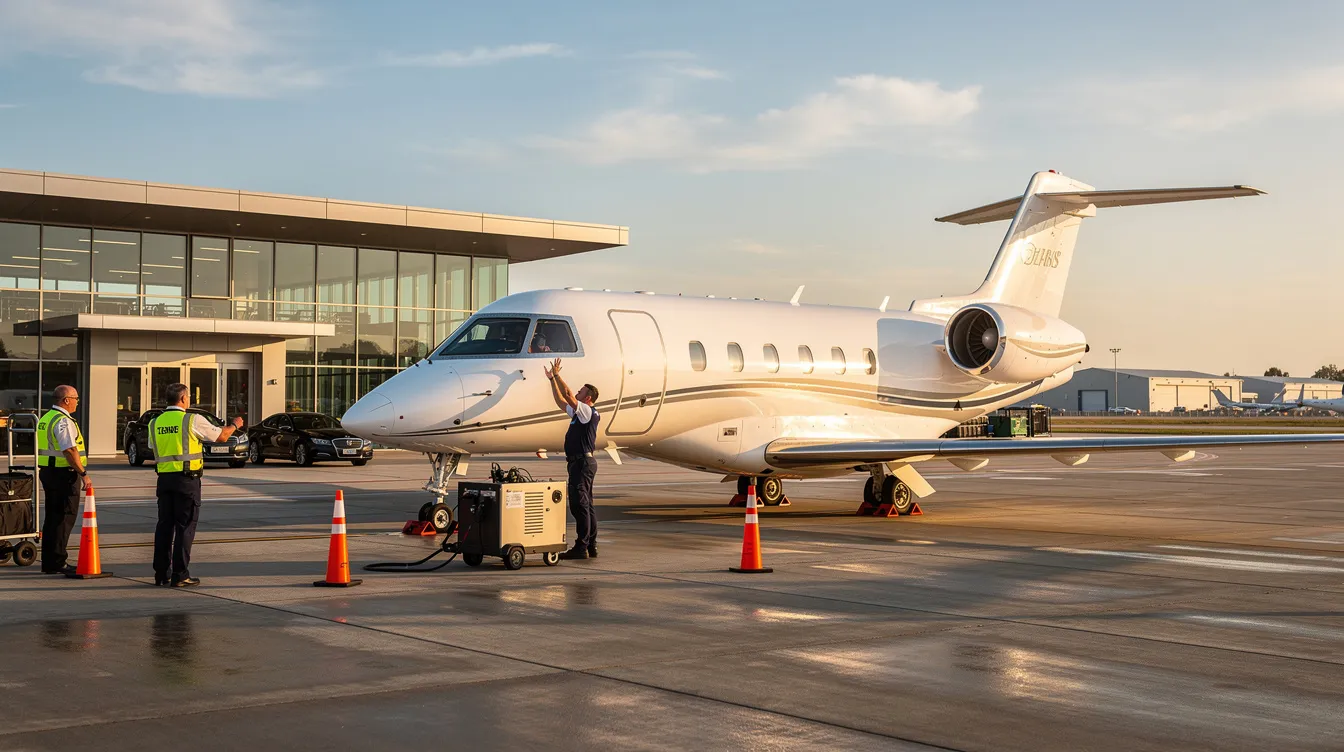 A small private jet is parked on the spacious ramp at San Diego's executive airport, with ground crew members visible attending to the aircraft. The scene showcases the impressive FBO facilities, emphasizing exceptional customer service in a secured location.