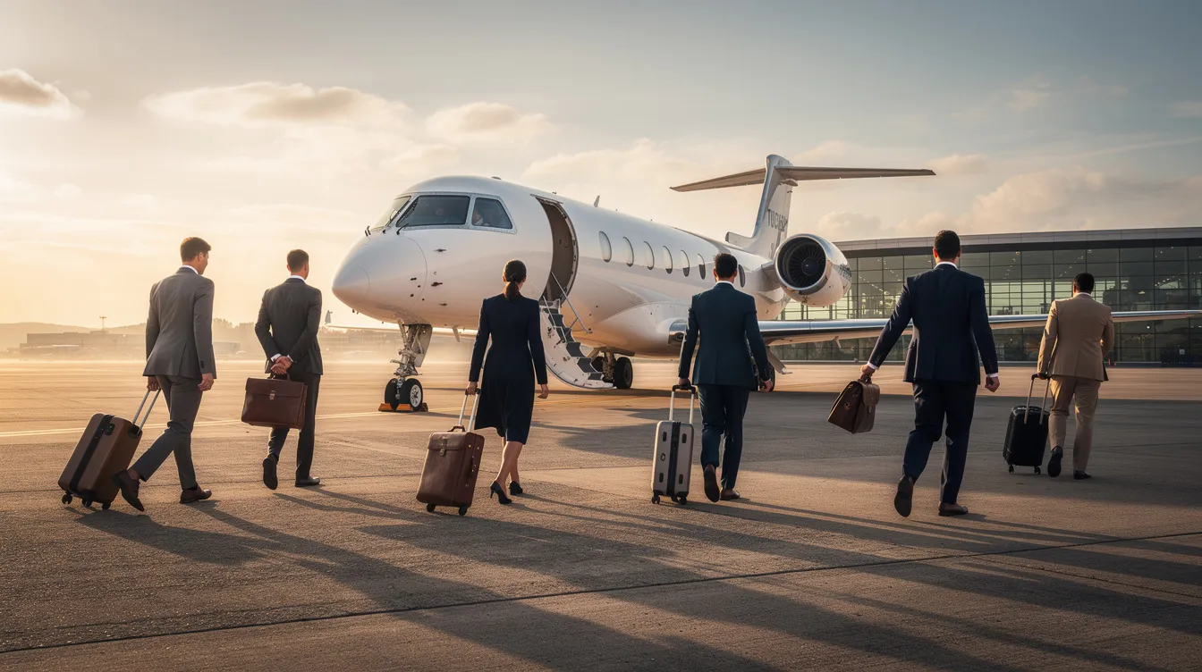 A group of business travelers in professional attire walks purposefully toward a private jet parked on the spacious ramp at Montgomery Drive San Diego, showcasing the exceptional customer service and amenities offered by Crownair Aviation at San Diego's executive airport. The scene reflects an atmosphere of professionalism and efficiency, with the impressive FBO facilities ready to support their journey to desirable destinations.