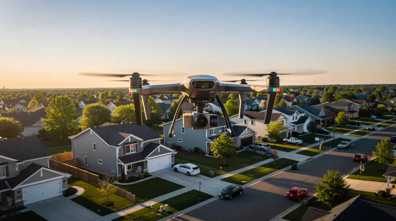 A delivery drone is flying over a suburban neighborhood, showcasing its sleek design as it transports small packages through the air. The drone is part of a fleet, operating efficiently above houses and buildings, demonstrating modern technology in logistics and delivery services.