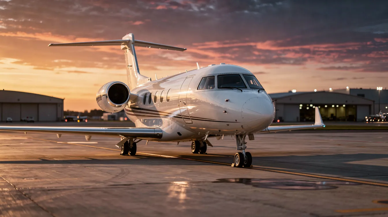 A private business jet is parked on the airport tarmac at sunset, casting a silhouette against the vibrant sky. The aircraft, part of a fleet that symbolizes modern aviation technology, stands ready for flight, highlighting the convenience and luxury of air travel.