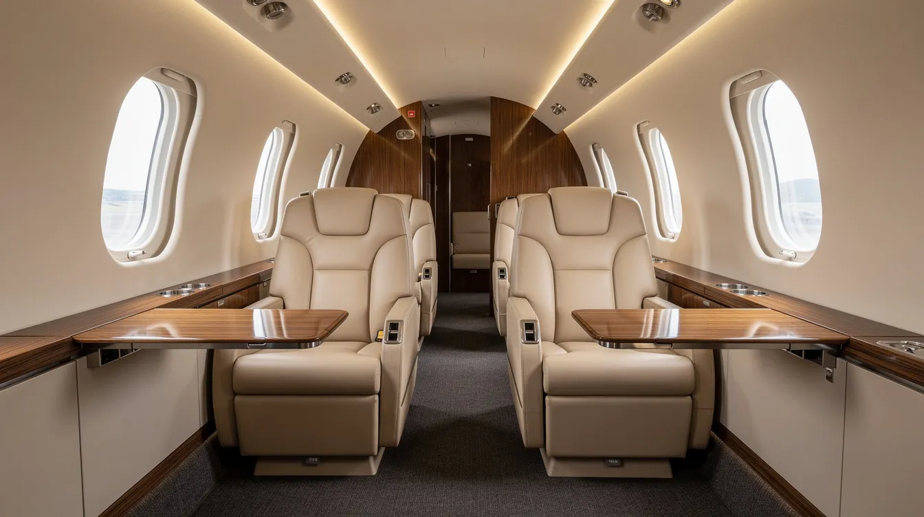 The image depicts the interior of a modern executive turboprop aircraft, featuring cream leather club seats and elegant wood grain accents, designed for passenger comfort during private flights. The spacious cabin reflects the luxurious atmosphere typical of private aviation, making it ideal for business meetings and regional travel.