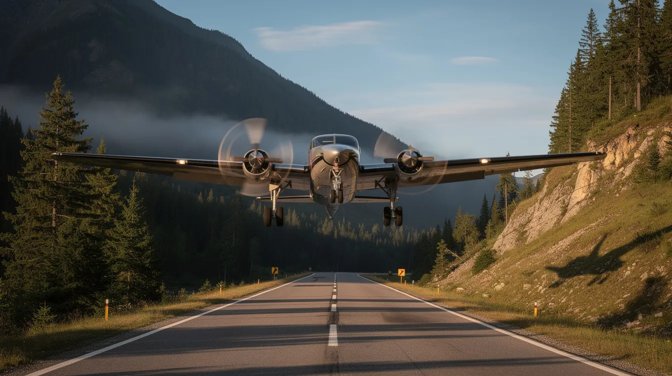 A sleek single-engine turboprop aircraft is landing on a short mountain runway, surrounded by tall evergreen trees, showcasing the versatility of turboprop planes in remote locations. The scene captures the essence of private aviation, highlighting the aircraft's ability to access smaller airports and navigate shorter runways with ease.