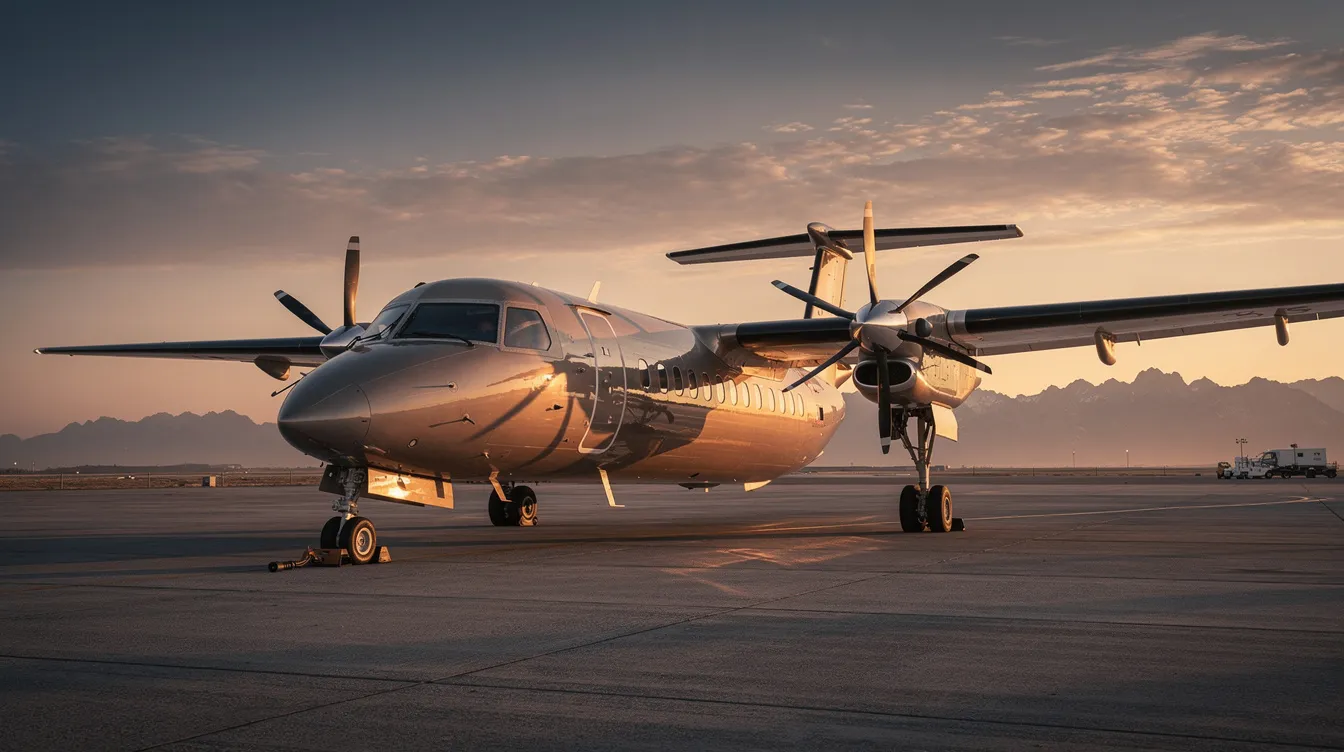 A twin-engine turboprop aircraft is parked on a tarmac at sunset, with a stunning mountain backdrop. The scene captures the essence of private aviation, showcasing the sleek design of the turboprop private plane against the colorful sky.