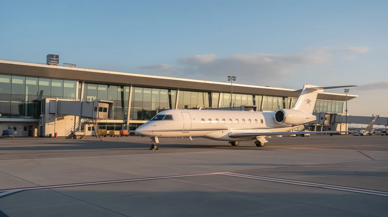 A sleek business jet is parked outside a modern airport terminal building, showcasing the luxury of private jet travel in the Las Vegas area. The terminal, designed with contemporary architecture, highlights the convenience and amenities available for private jet travelers at airports like Harry Reid International Airport and North Las Vegas Airport.