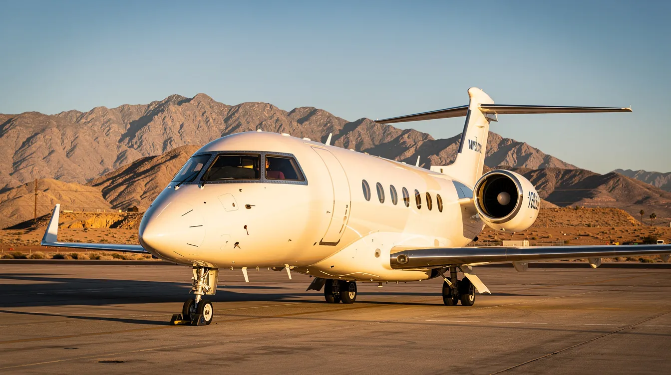 A private jet is parked on the tarmac of a Las Vegas airport, with striking desert mountains rising in the background. This scene captures the essence of luxury travel, highlighting the convenience and exclusivity of private flights in the Las Vegas area.