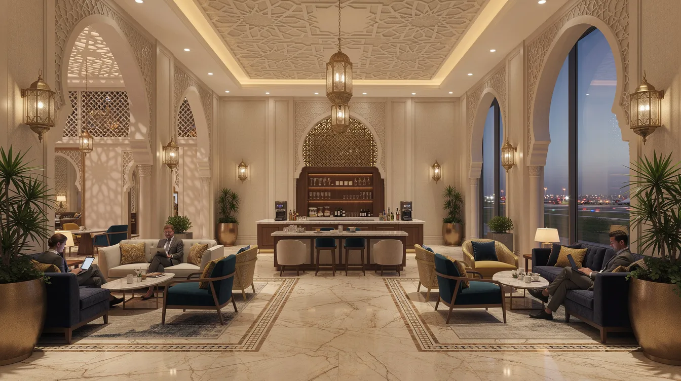 The image depicts an elegant VIP airport lounge featuring Arabic-inspired architecture, with plush seating areas designed for comfort and relaxation, embodying genuine luxury for wealthy individuals and celebrities. This lounge is part of the largest private aviation terminal in Saudi Arabia, tailored perfectly to meet the expectations of discerning travelers.