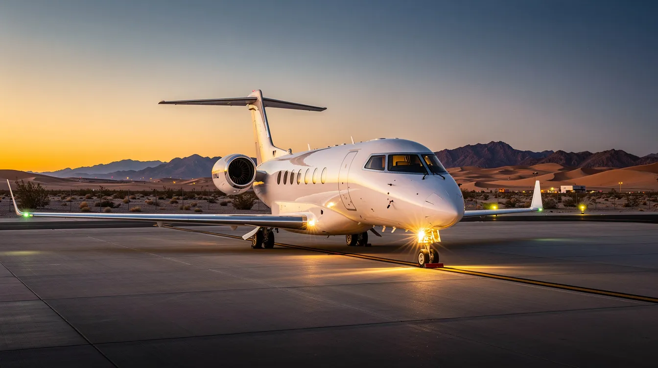 A private jet is parked on an airport tarmac at dusk, with a vast desert landscape in the background, symbolizing the luxury of business aviation. This scene captures the essence of genuine luxury and the tailored experiences offered by Saudi private aviation.