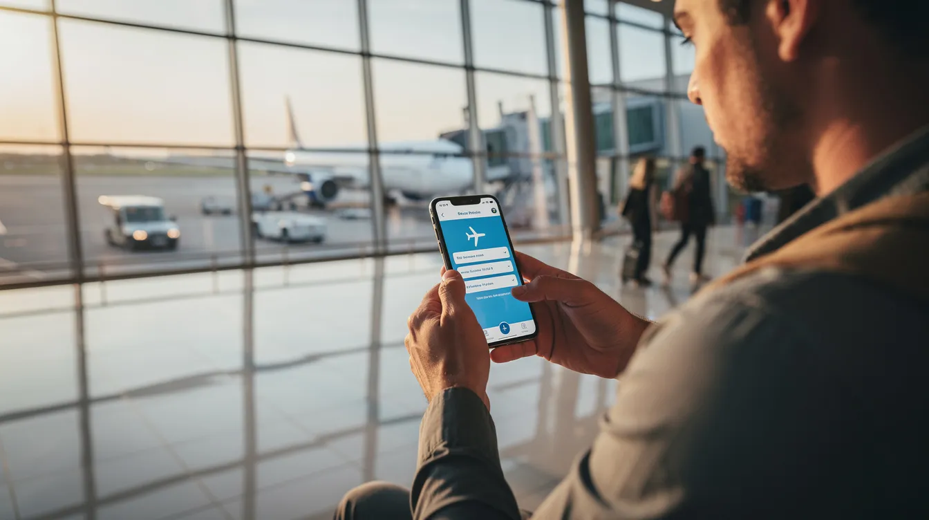 A person is using a smartphone to book travel while looking out through an airport window where aircraft are visible, highlighting the luxury and convenience of private aviation services. This scene captures the moment at the largest private aviation terminal, emphasizing the attentive planning and tailored experiences offered to wealthy individuals and business travelers.