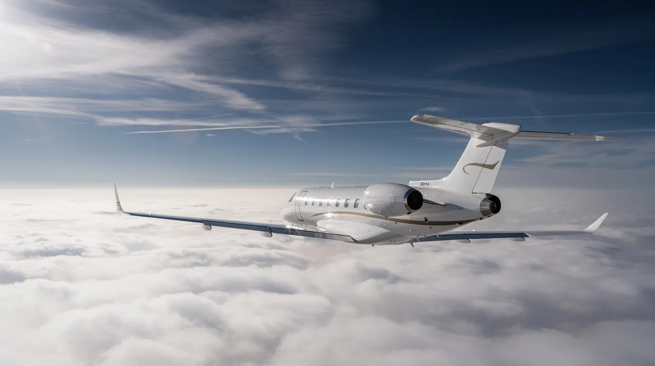 A light jet aircraft soars gracefully above a blanket of fluffy white clouds under a clear blue sky, showcasing the elegance of jet aviation. This image captures the seamless flight experience that customers can expect from dedicated aircraft management and charter services.