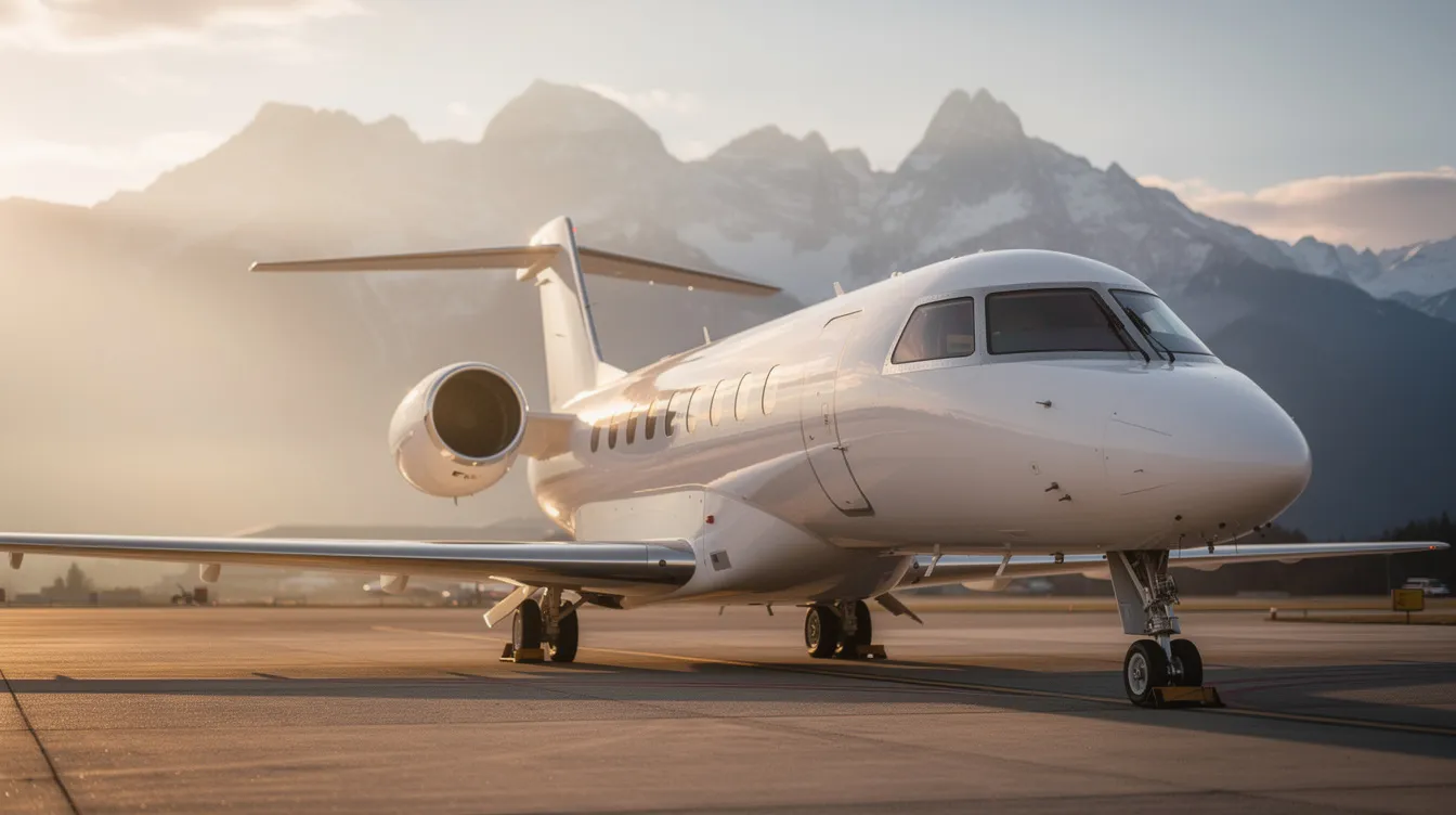 A sleek private jet is parked on the tarmac during golden hour, casting a warm glow against the backdrop of majestic mountains. This scene captures the essence of jet aviation, highlighting the elegance and sophistication of aircraft in a serene setting.