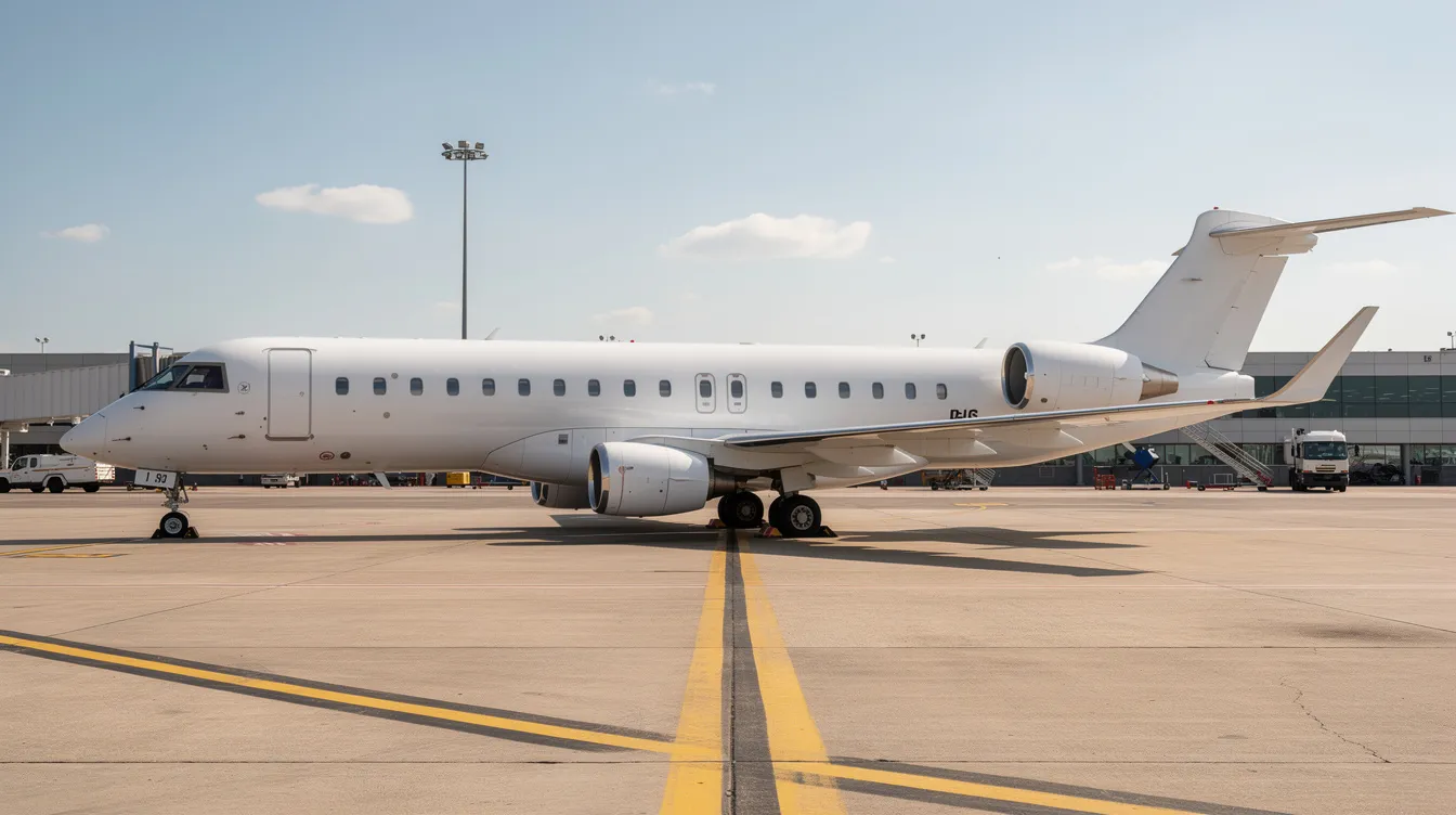 A side view of a Bombardier CRJ regional jet aircraft is parked on the airport tarmac, showcasing its sleek fuselage and wings. The jet, part of the Canadair family, is designed for efficient flight and offers ample baggage space for passengers.