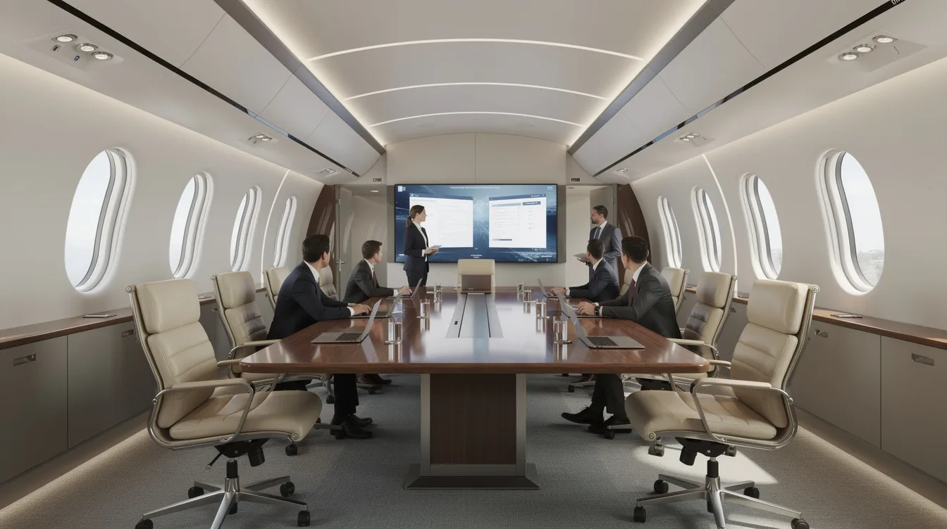 The image depicts a spacious aircraft cabin featuring a conference-style seating arrangement, designed for business jet travel. The interior reflects the comfort and functionality typical of a Bombardier CRJ, providing ample space for passengers to work or collaborate during their flight.