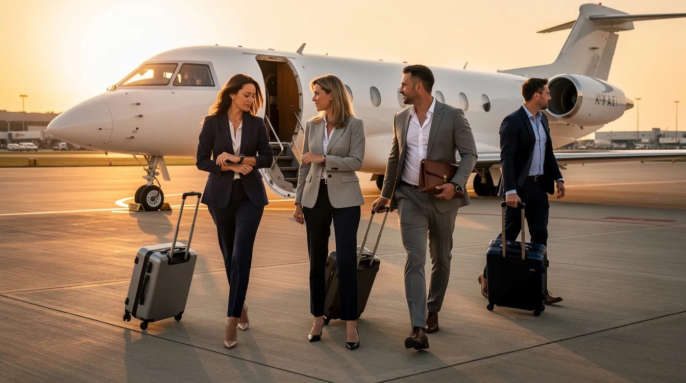 A group of business professionals is walking toward a sleek Bombardier CRJ private jet on the tarmac, ready for their flight. The aircraft, known for its efficient design and spacious cabin, stands out with its impressive wingspan and modern fuselage configuration.