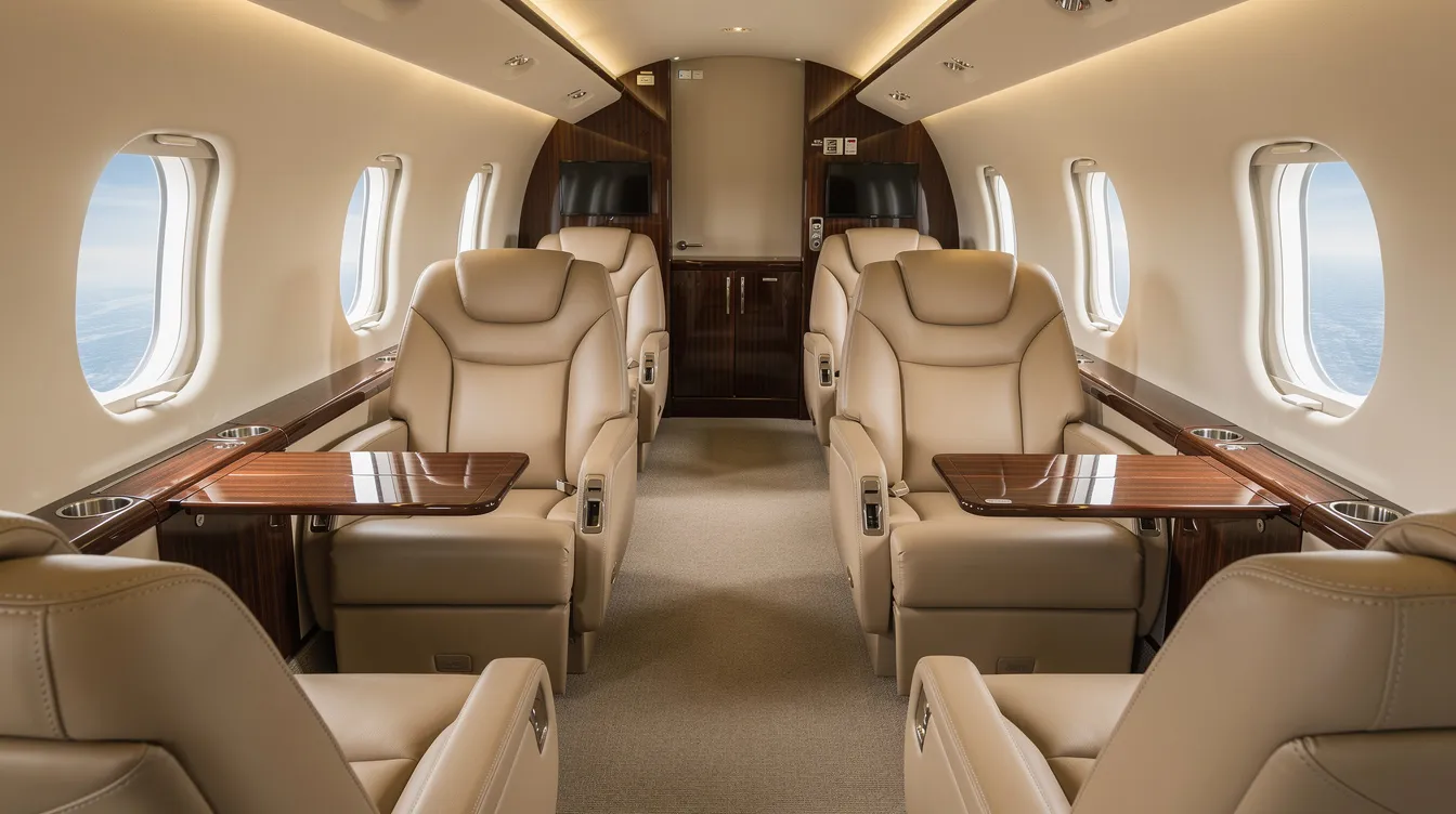 The image showcases the luxurious interior of a converted Bombardier CRJ regional jet, featuring plush leather executive seating and elegant wood accents that enhance the cabin's sophistication. This private jet design emphasizes comfort and style, making it ideal for business travel.