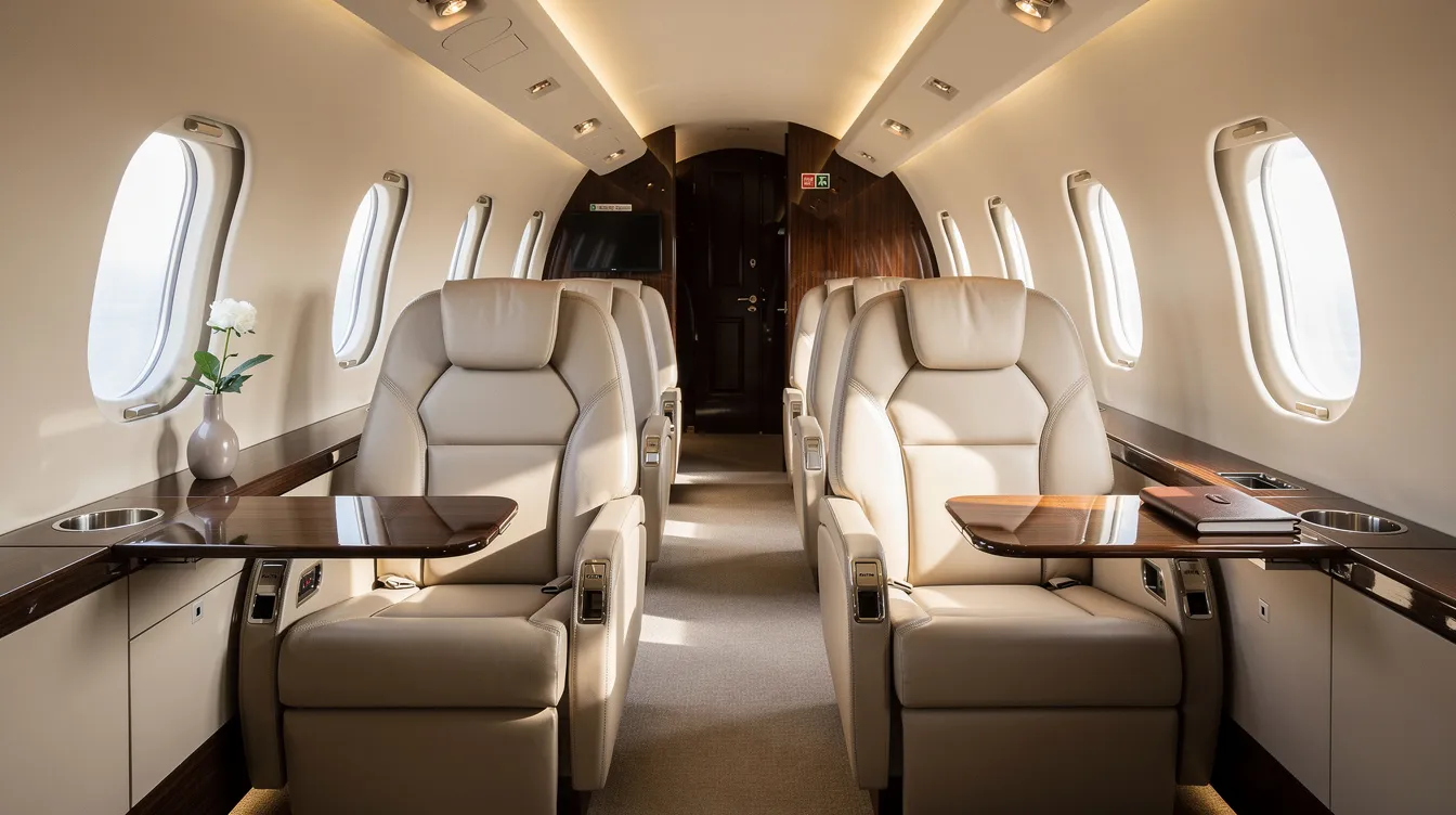 The image depicts the interior of a luxurious private jet cabin featuring plush leather seats bathed in natural light, providing an inviting atmosphere for passengers flying private. This elegant setting is ideal for travelers seeking comfort and style, often associated with private jet charter services in the New York metropolitan area.