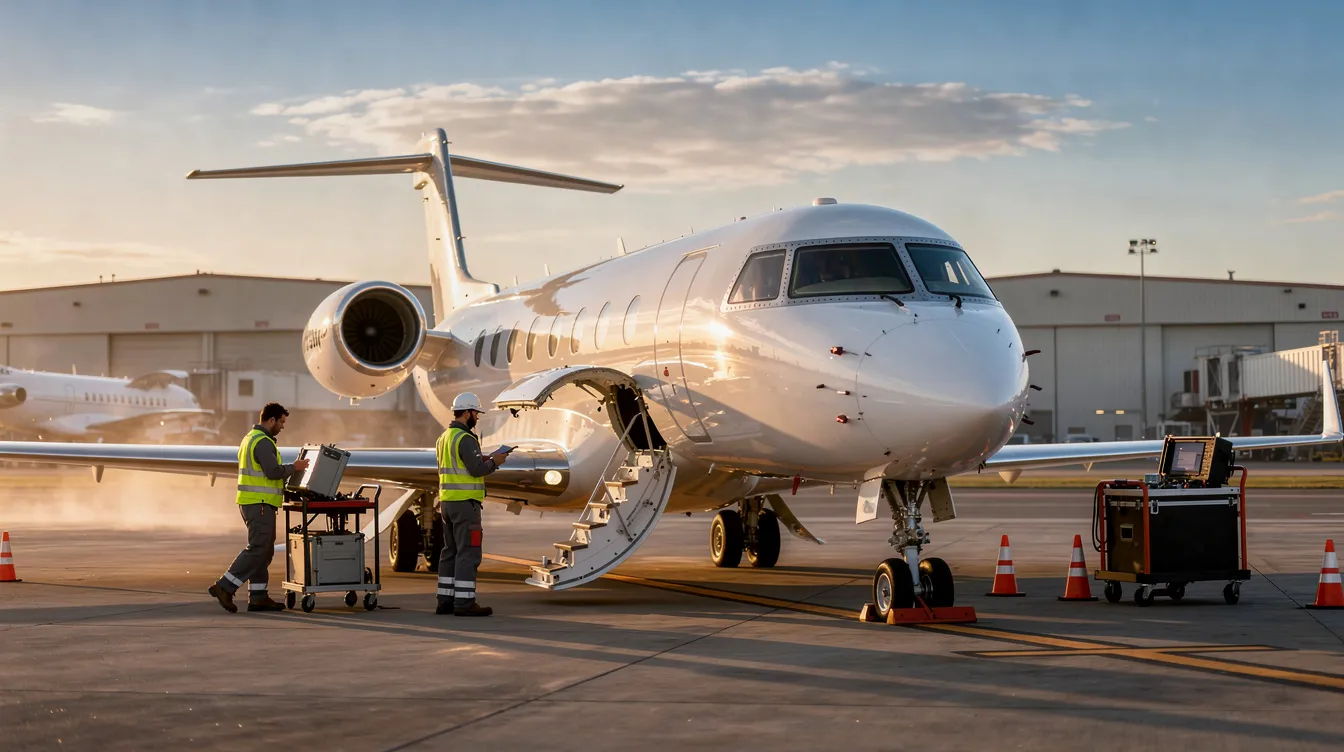 A private jet is parked on the tarmac at Teterboro Airport, with a maintenance crew nearby attending to its upkeep. This scene highlights the bustling activity of private aviation in the New York City area, where private jet travel is a popular choice for luxury and convenience.