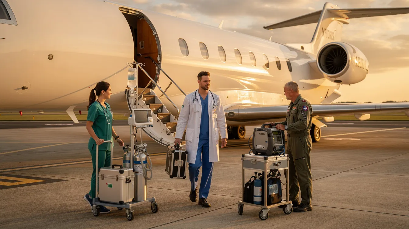 A group of medical professionals is seen preparing to board a modern aircraft equipped with essential medical equipment, ready for air medical transport of critically ill patients. This scene highlights the commitment of Aitheras Aviation Group, an experienced on-demand aircraft operator specializing in air ambulance services.