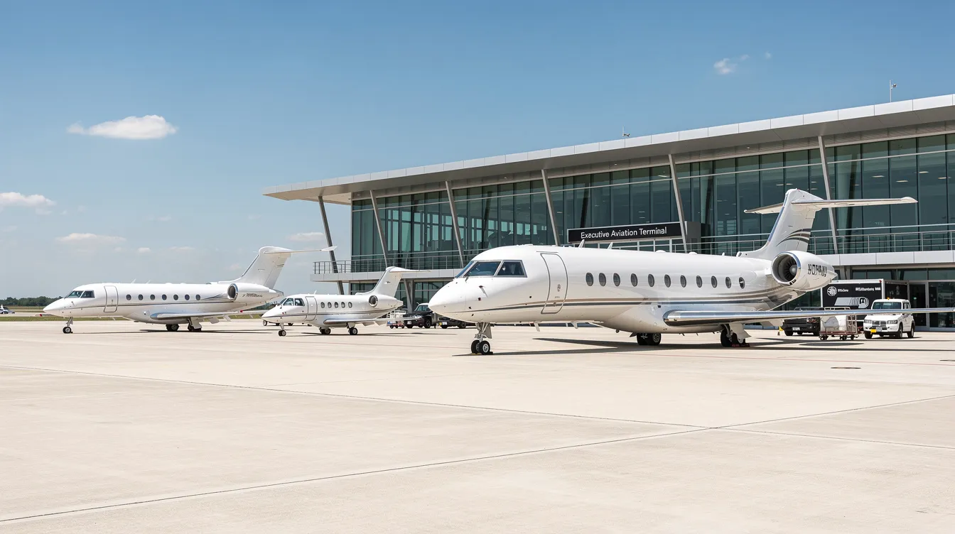 The image depicts several private jets of varying sizes parked at an executive airport, showcasing modern aircraft that cater to both business executives and air medical transport needs. This scene reflects the operations of Aitheras Aviation Group, a premier air ambulance provider specializing in fixed wing carriers for critically ill patients and organ transport.