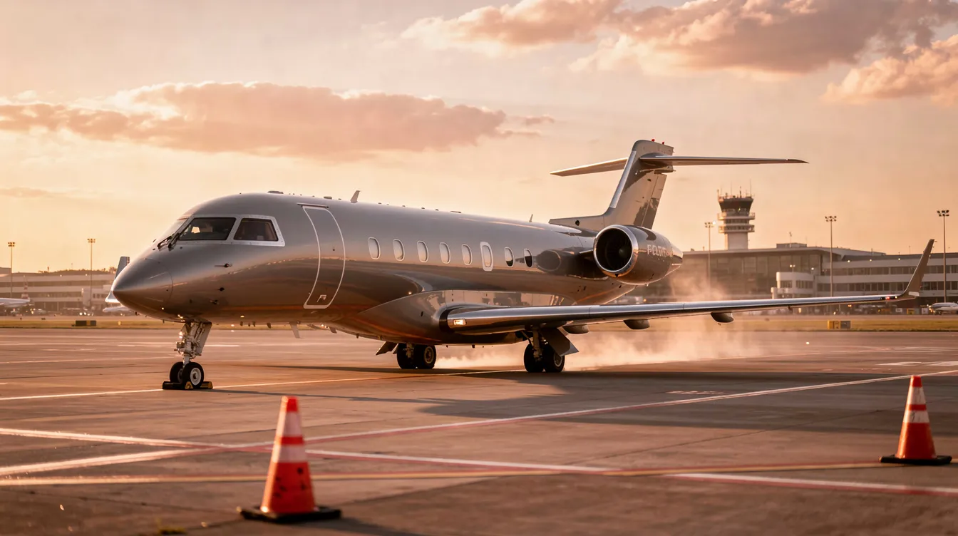 A sleek private jet is parked on an airport tarmac, bathed in the warm glow of golden hour. This modern aircraft, operated by Aitheras Aviation Group LLC, symbolizes the high standards of air medical transport services, catering to both medical and charter clients.