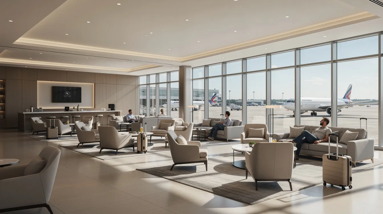 The image depicts a modern aviation lounge interior at Atlantic Aviation Palm Springs, featuring comfortable seating and large windows that offer a view of the desert paradise outside. This pleasant facility is designed for pilots and business travelers, providing amenities such as teleconferencing equipment and meeting space for efficient connectivity.